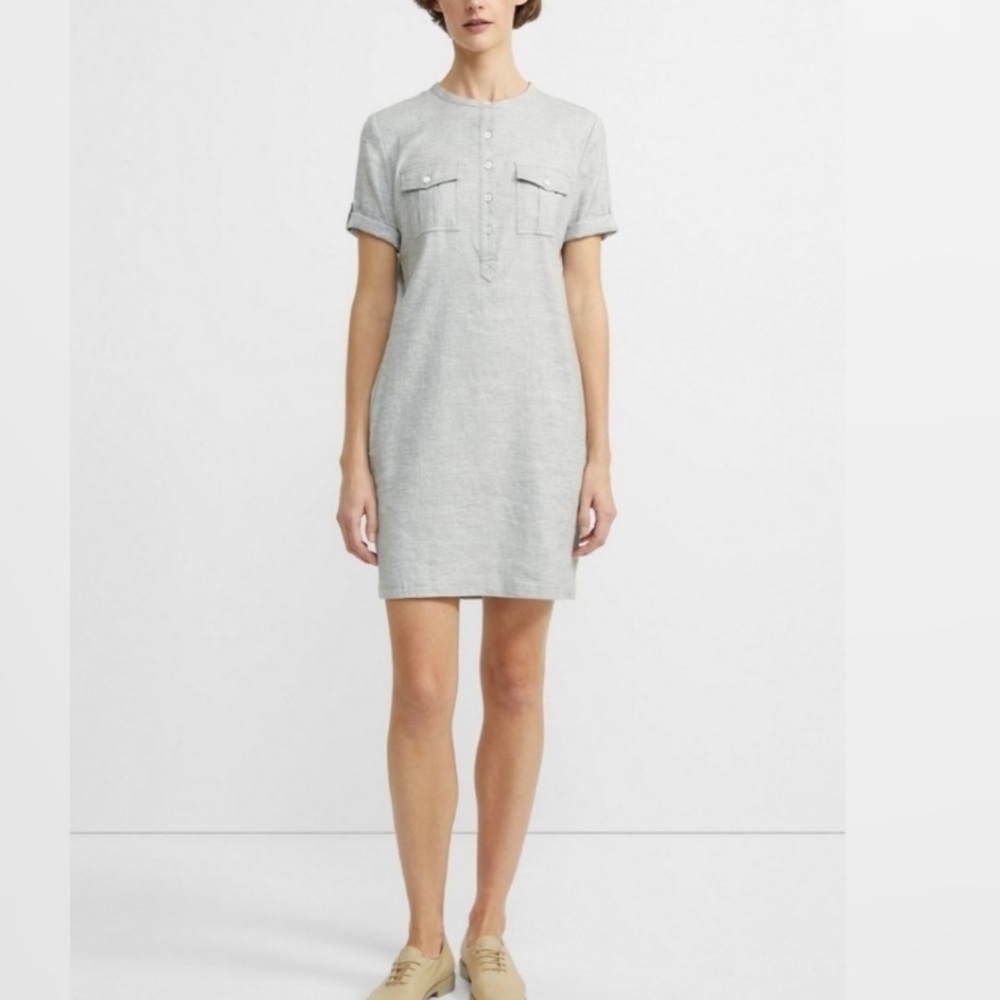 Theory Lina Linen Blend Shirt Dress Size 6 Grey Pockets